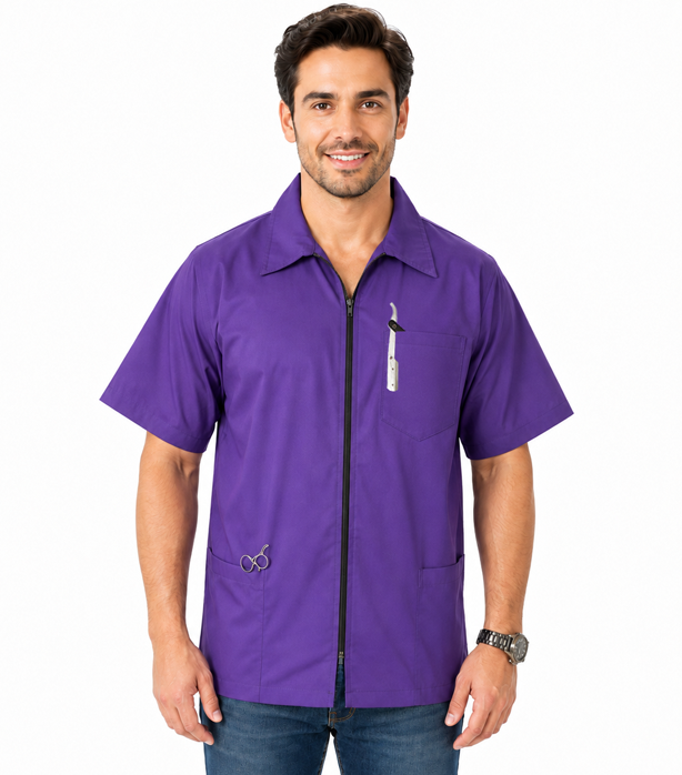 Poplin Unisex Barber Jacket with Collar and Zipper - 3 Pockets, Half Sleeves
