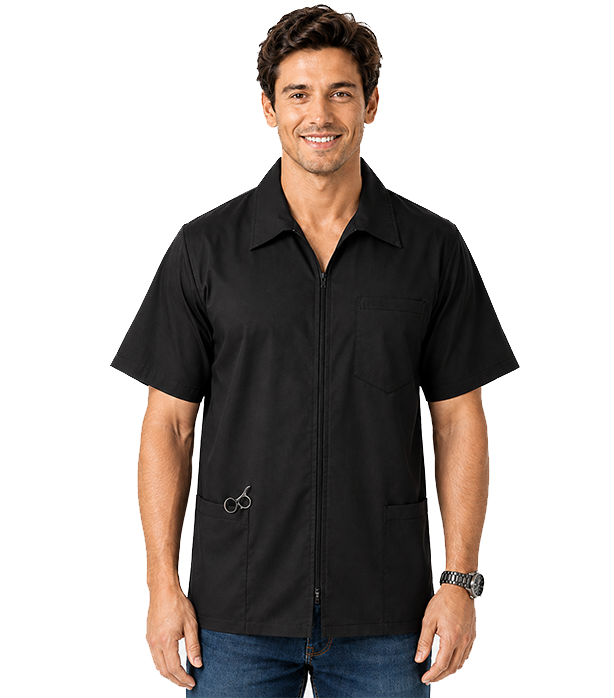 Barber jacket with collar 3 pocket half sleeve with zipper in Memory Fabric Water Proof 100 perc polyester