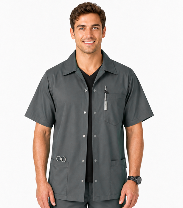 Poplin Unisex Barber Jacket with Collar and Snap Buttons - 3 Pockets, Half Sleeves