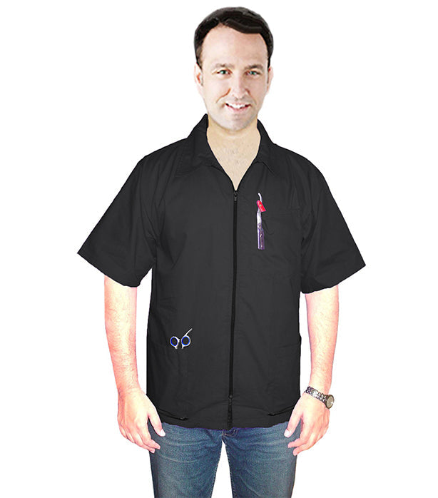 Stretchable Barber jacket with collar 3 pockets (zipper on two bottom pockets) half sleeve with zipper