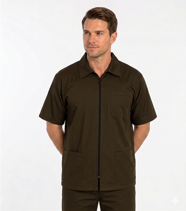 Poplin Unisex Barber Set with Collar - 4 pockets (3 Pockets Jacket with Zip  & 1 Pocket Pant), Half Sleeves
