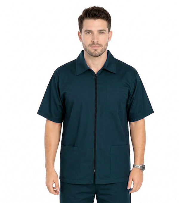 Poplin Unisex Barber Set with Collar - 8 pockets (3 Pockets Jacket with Zip and 5 Pocket Pant), Half Sleeves