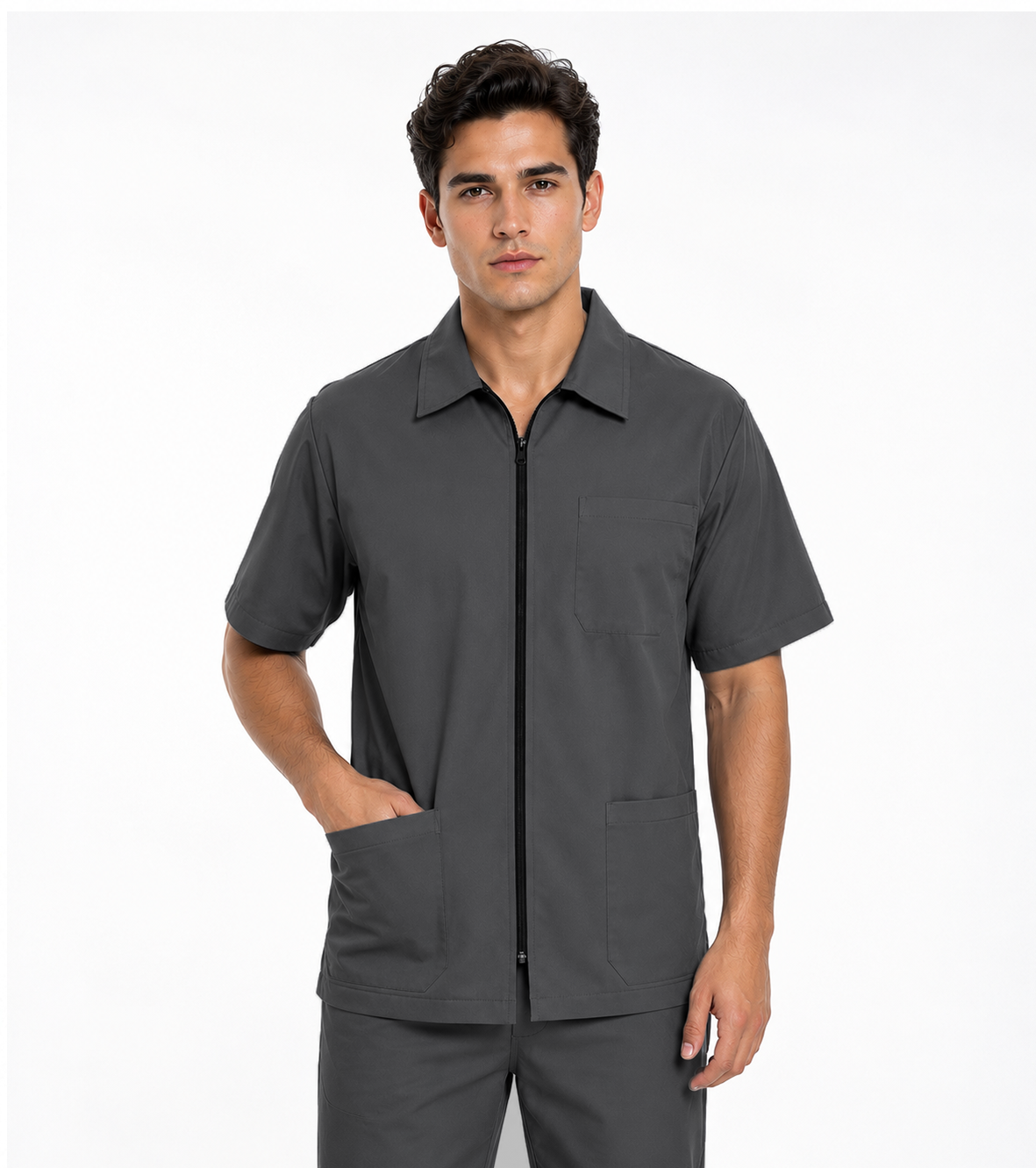 Poplin Unisex Barber Set with Collar - 5 Pockets Half Sleeve (Jacket 3 Pocket With Zip And Bottom 2 Pocket)