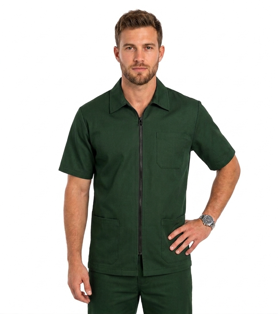 Microfiber Unisex Barber Set with Collar - 8 pockets (3 Pockets Jacket with Zip and 5 Pocket Pant), Half Sleeves