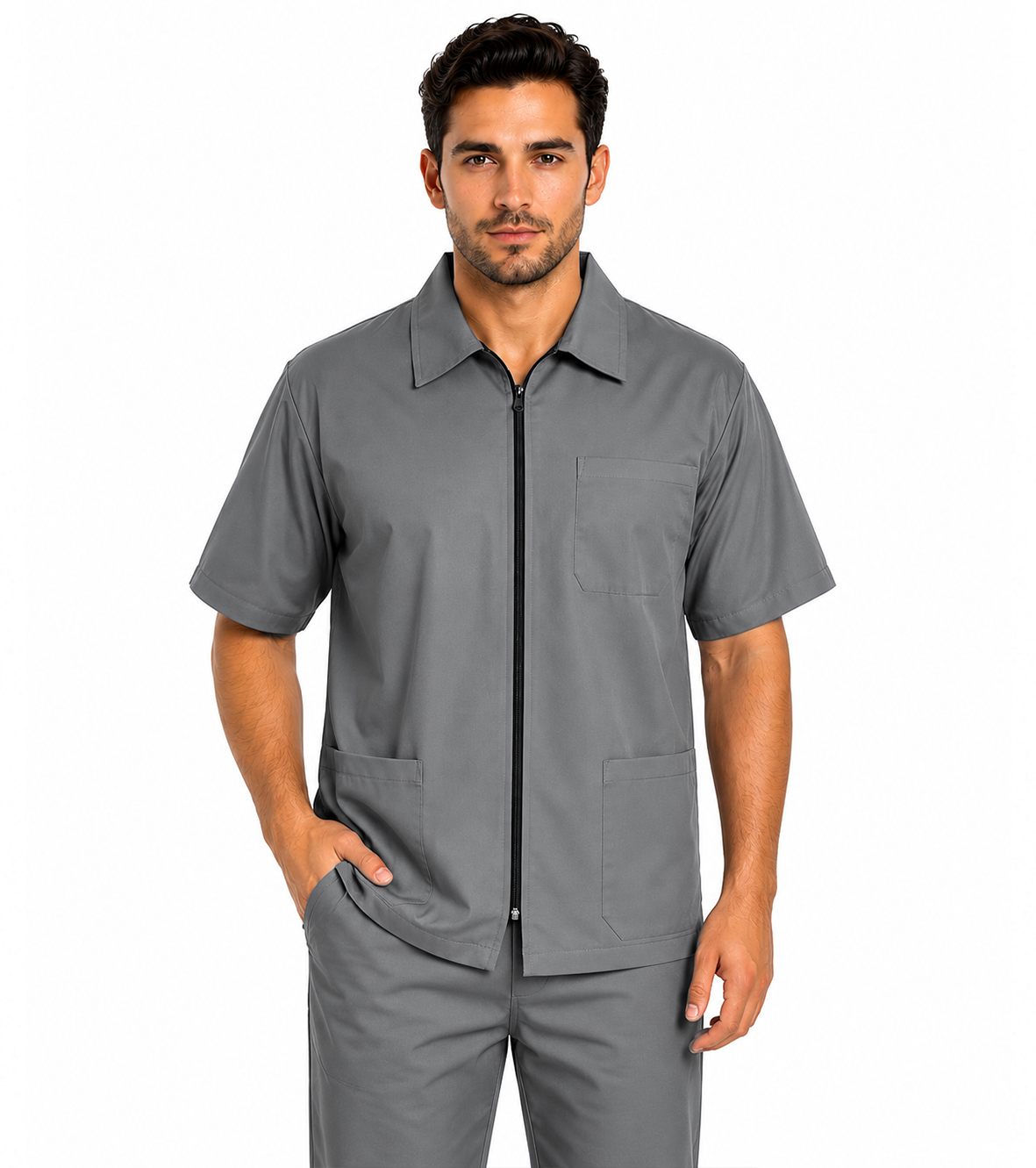 Poplin Unisex Barber Set with Collar -6 Pockets Half Sleeve (Jacket 3 Pocket With Zip And Bottom 3 Pocket)