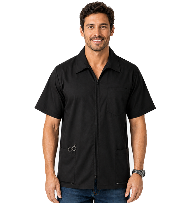 Barber jacket with collar 3 pockets (zipper on two bottom pockets) half sleeve with zipper
