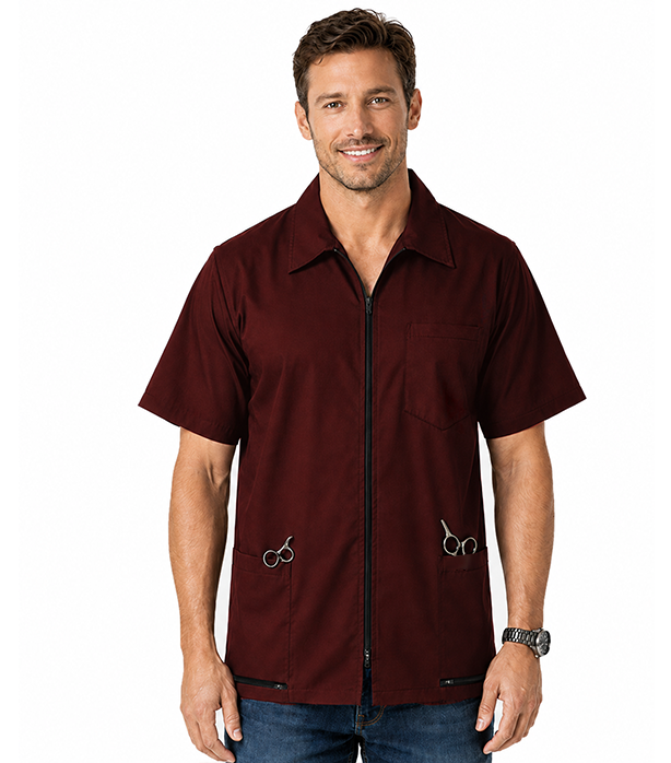 Stretchable Barber jacket with collar 3 pockets (zipper on two bottom pockets) half sleeve with zipper