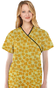 Yellow Petal Print Top mock wrap 3 pocket half sleeve with black piping