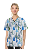 Christmas Tree Print Scrub Set Mock Wrap With Black Piping