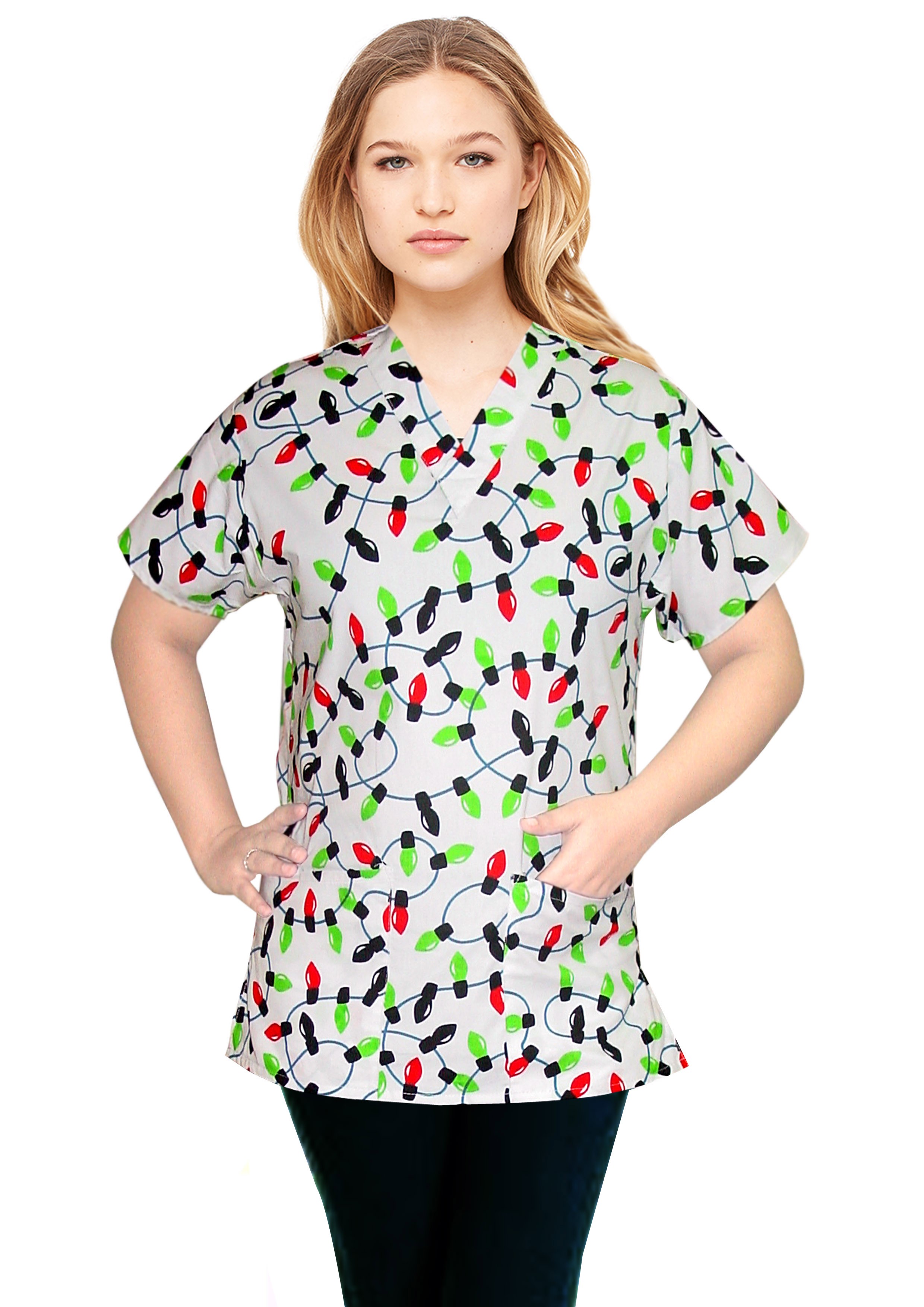 light print Top v neck 2 pocket half sleeves in POPLIN FABRIC (65% POLYESTER, 35% COTTON)