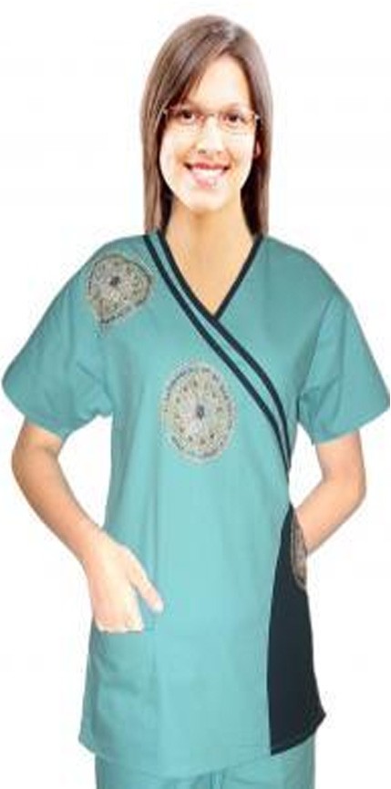 Poplin Stylish top big golden flower double cross piping top 2 pocket half sleeve (65% Polyester, 35% Cotton)