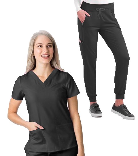 Microfiber Stretch Ladies Jogger Scrub Set 9 Pockets Half Sleeves, Top 3 Pockets (1 Chest Pocket and 2 Lower Pockets) and Jogger Pant 6 Pockets (2 Side Pockets, 2 Back Pockets, 2 Cargo Pockets) in (97% POLYESTER, 3% SPANDEX)