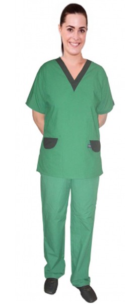 A_ set vneck with contrast v with flap at pockets half sleeve (top 2pkt with pant 2 pkt bootcut) in 65% Polyester 35% Cotton