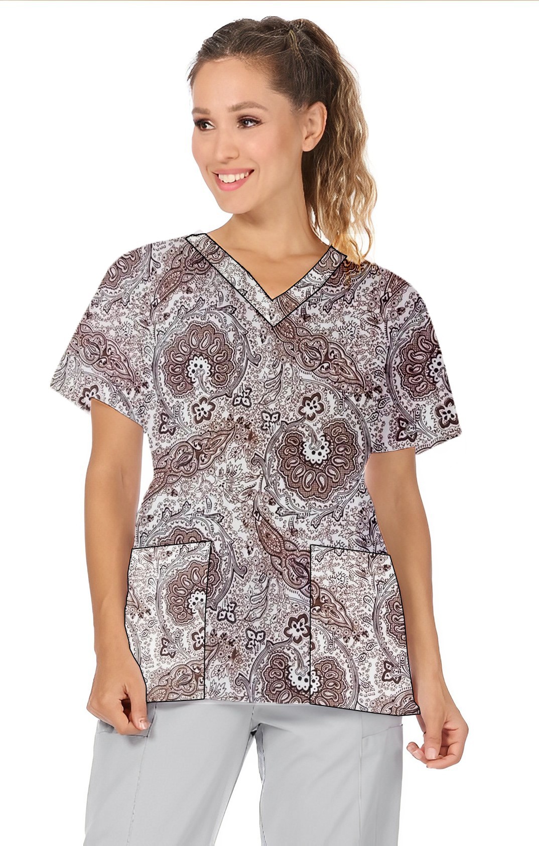 Brown Paisley Top v neck 2 pocket half sleeves in POPLIN FABRIC (65% POLYESTER, 35% COTTON)