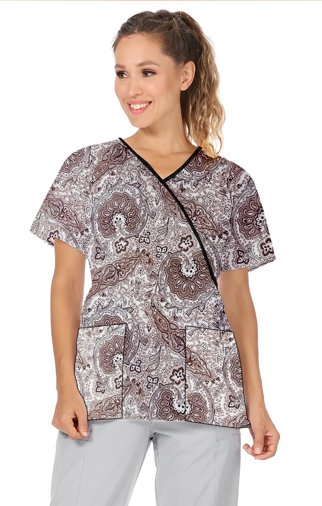 Top mock wrap 3 pocket half sleeve in Brown Paisley Print with Black Piping in POPLIN FABRIC (65% POLYESTER, 35% COTTON)