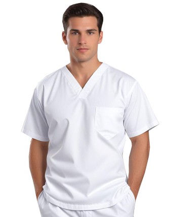 Stretchable Top v neck 1 pocket solid half sleeve unisex in 35% Cotton 60% Polyester 5% Spandex