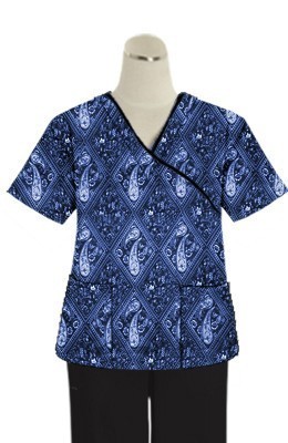 Printed scrub set mock wrap 5 pocket half sleeve in Blue with Blue Classical Print With Black Piping (top 3 pocket with bottom 2 pocket boot cut)