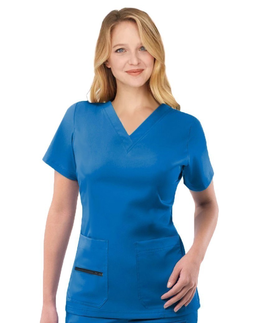 Microfiber Women's Scrub Top V Neck with 2 Patch Pockets and 1 Zipped Pocket (100% Polyester)