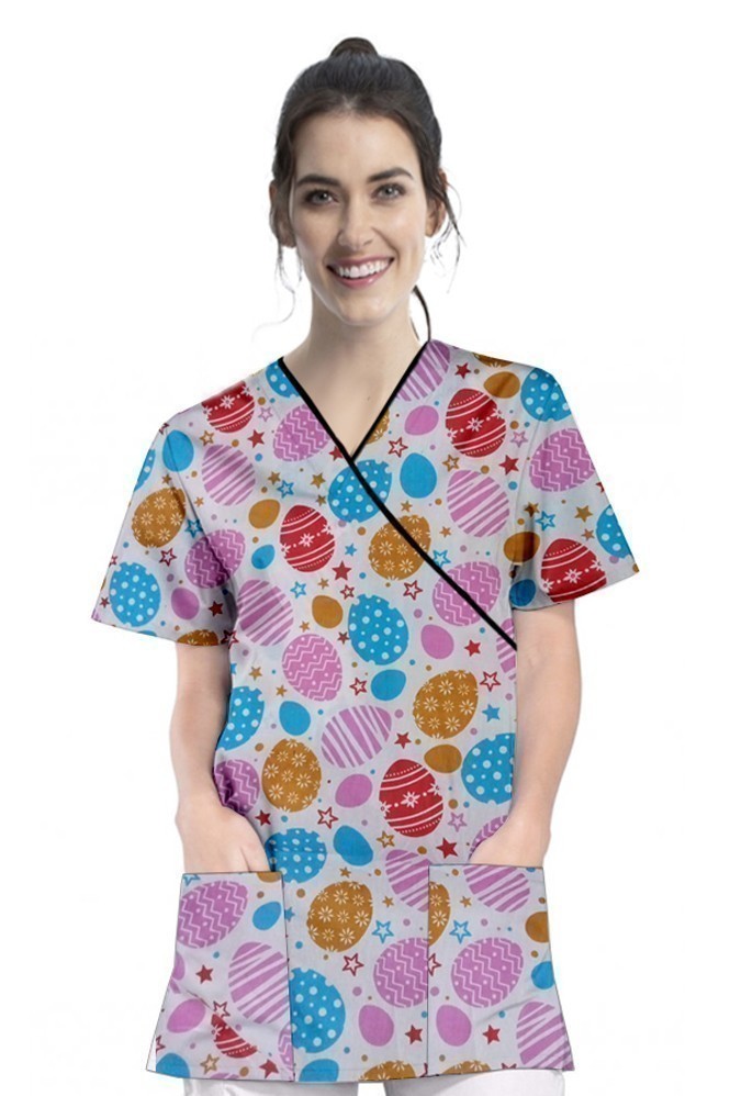 Celebration printed Top Mock Wrap With Black Piping 3 Pocket Half Selves in POPLIN FABRIC (65% POLYESTER, 35% COTTON)