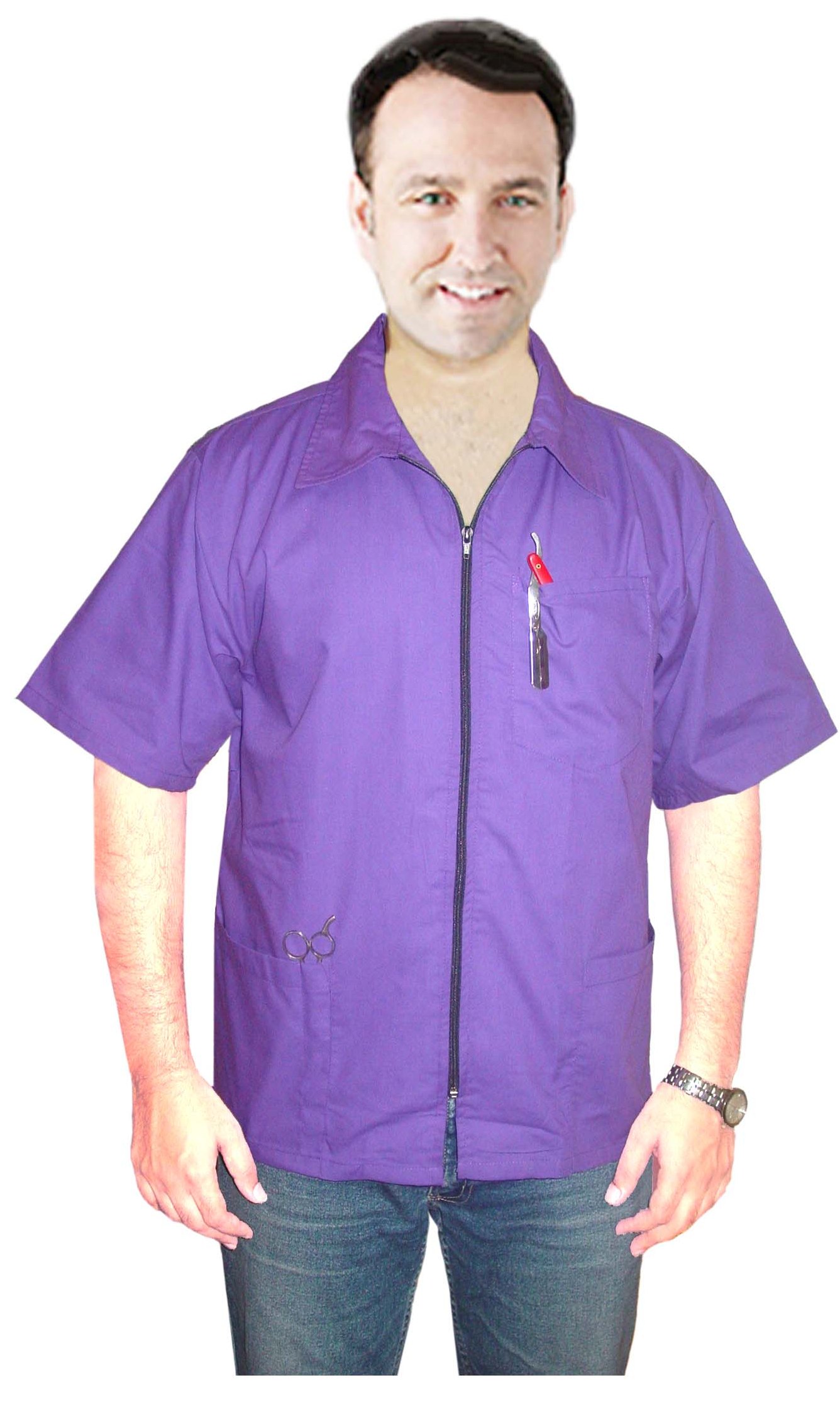 Microfiber Stretch Barber jacket with collar 3 pockets half sleeve with zipper (97% Polyester,3% Spandex)