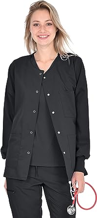 Microfiber Stretch Scrub jacket 3 pocket solid ladies full sleeve with rib snap button in 97% polyester, 3% spandex