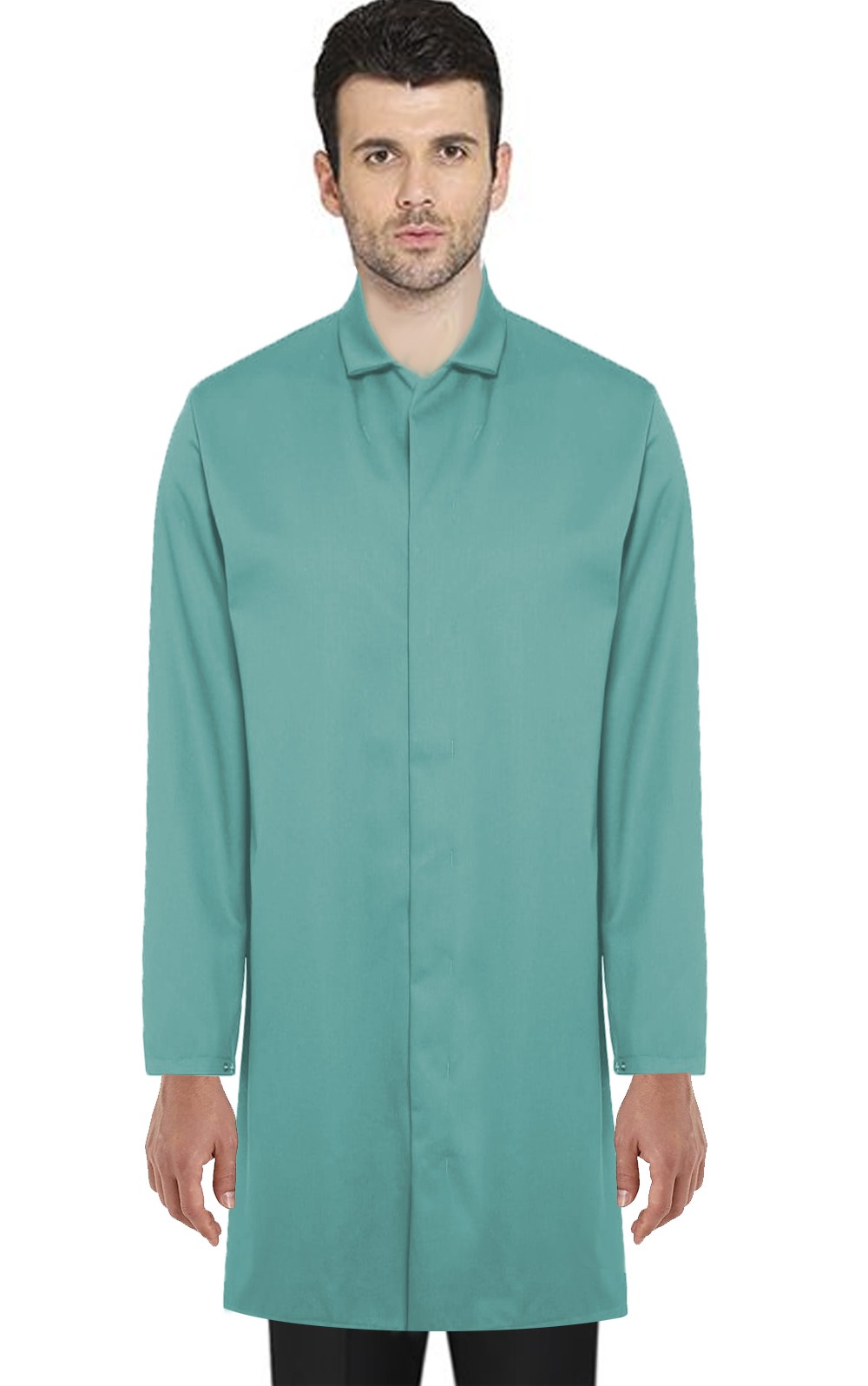 Microfiber Stretch Unisex Lab Coat, Shirt Collar, No Pockets, Full Sleeves with Snap Buttons. Front with covered snap buttons placket (97% polyester,3% Spandex). For Food Processing Industry