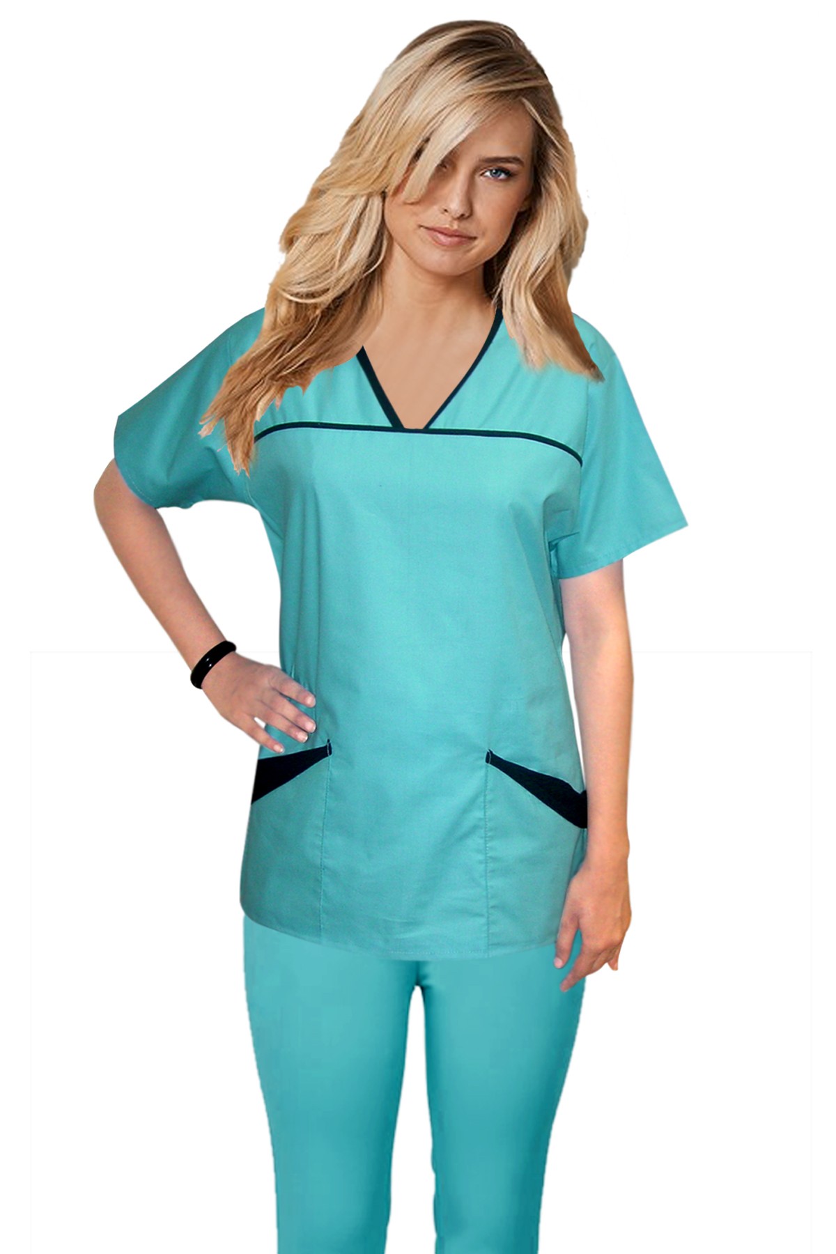 Microfiber Stretch Princess Seam 6 pocket set half sleeve with matching bottom (top 4 pkt with bottom 2 pkt boot cut) in 97% Polyester 3% Spandex