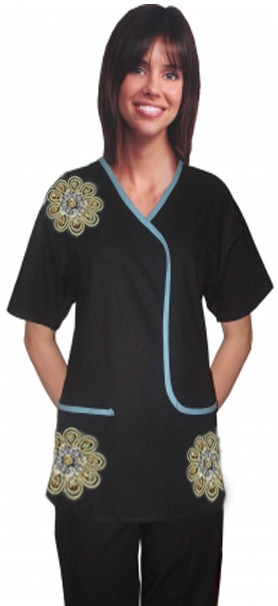 Microfiber Stretch Stylish top big golden flower L style top 2 pocket half sleeve (97% POLYESTER, 3% SPANDEX)