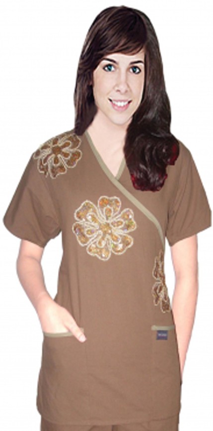 Microfiber Stylish top big golden flower crossover top 2 pocket half sleeve (100% Polyester)