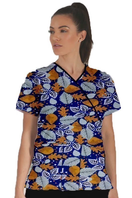 Summer Mint Leave Printed Top Mock Wrap With Black Piping 3 Pocket Half Selves in POPLIN FABRIC (65% POLYESTER, 35% COTTON) 