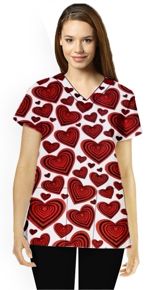 Red hearts Print Scrub Set 4 Pockets Ladies Half Sleeves (2 Pockets Top and 2 Pockets  Pant)