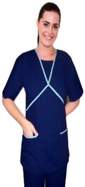 Microfiber ruffle at neck double crossover style set half sleeve 4 pocket set (2 pocket top, 2 pocket bootcut pant) (100% POLYESTER) 