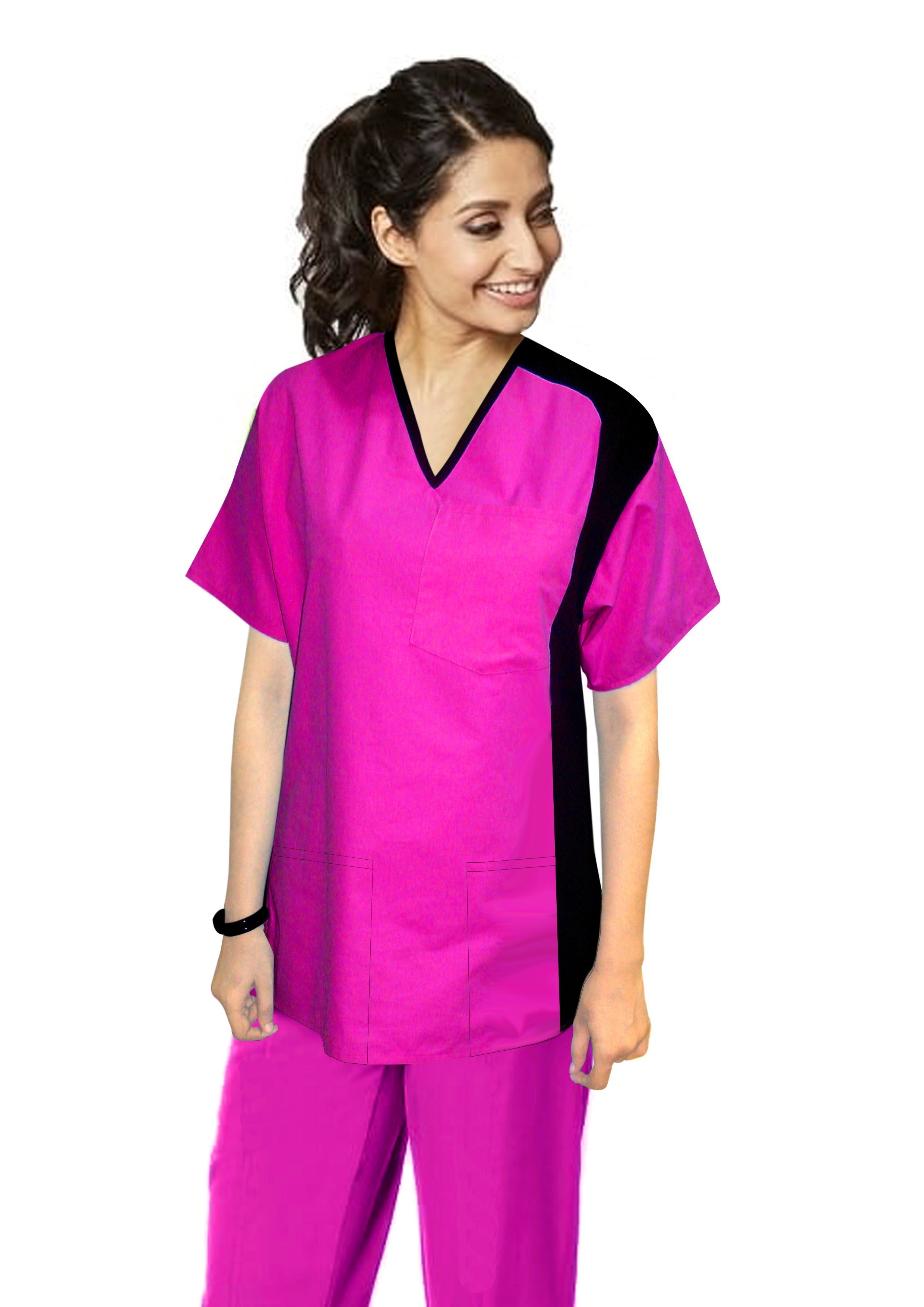 Microfiber Sleeve side contrast set ladies with matching bottom (top 3 pkt with bottom 2 pkt boot cut) (100% POLYESTER) 