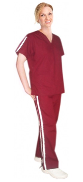 Stretchable Double vertical style trim ladies 4 pocket set half sleeve (2 pocket top +2 pocket bootcut pant)  in 35% Cotton 60% Polyester 5% Spandex