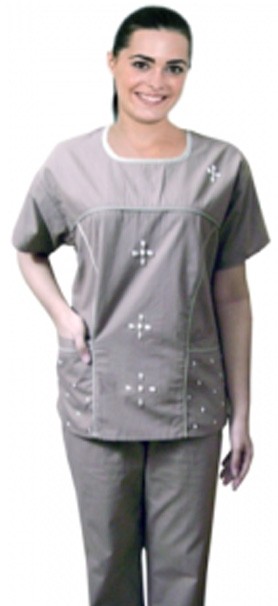 Stretchable Stylish set pearl flower scoop neck contrast piping 6 pocket set half sleeve (top 4 pocket with bottom 2 pocket boot cut) in 35% Cotton 60% Polyester 5% Spandex