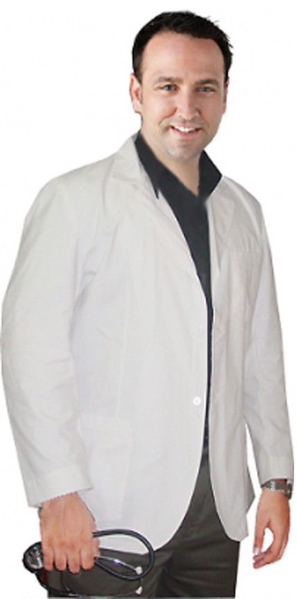 Stretchable Consultation labcoat men full sleeve with plastic buttons 3 pockets in Stretch Fabric(35% Cotton, 60% Polyester, 5% Spandex) 