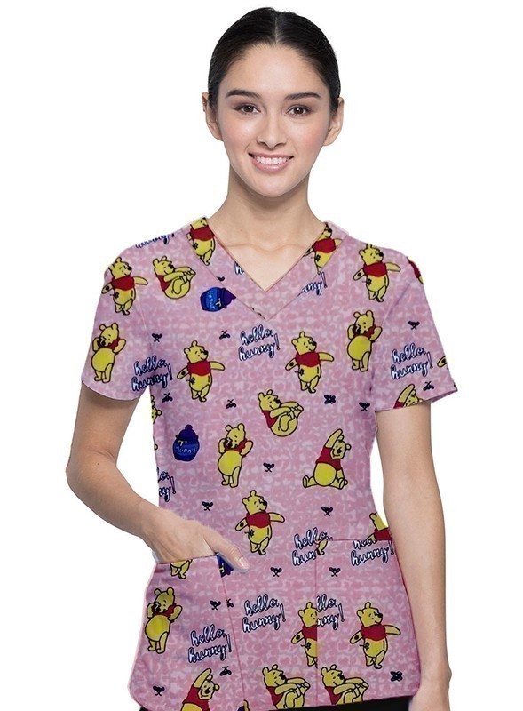Pooh Printed Top V Neck 2 Pocket Half Sleeve in Interlock Stretch Fabric 100% polyester