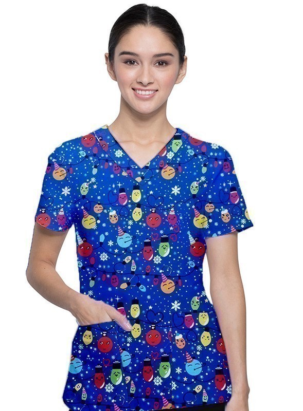 Happy Lights Printed Top V Neck 2 Pocket Half Sleeve in Interlock Stretch Fabric 100% polyester 