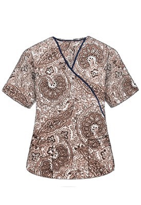 Printed scrub set mock wrap 5 pocket half sleeve in Brown Paisley Print with black piping  (top 3 pocket with bottom 2 pocket boot cut)