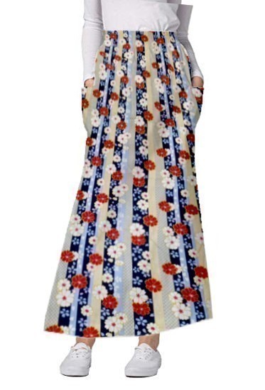 Cargo pockets ladies skirt A Line Full Elastic waistband ladies skirt in Red and Beige flowers with blue background