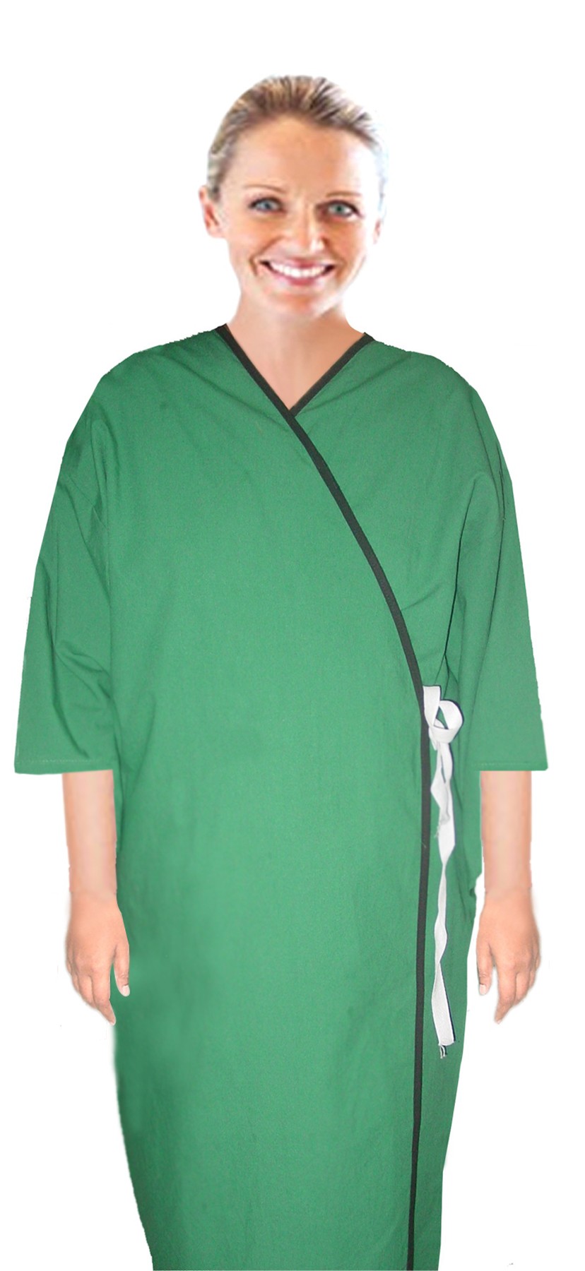 Poplin Fabric New Patient gown front open solid 3/4 sleeve with matching piping tie able, Sizes XS-9X (65% Polyester, 35% Cotton)
