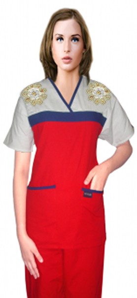 Poplin Stylish top golden flower empire wrap style top 2 pocket half sleeve (65% Polyester, 35% Cotton)