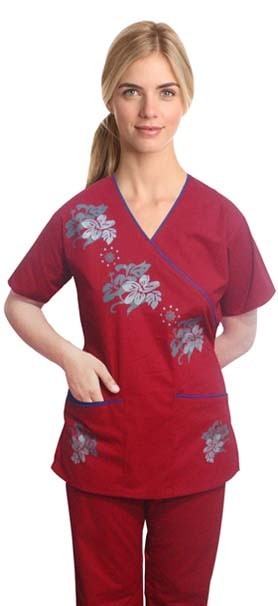 Stylish scrub set with mock wrap crystal print 5 pocket half sleeves in 35% Cotton 65% Polyester