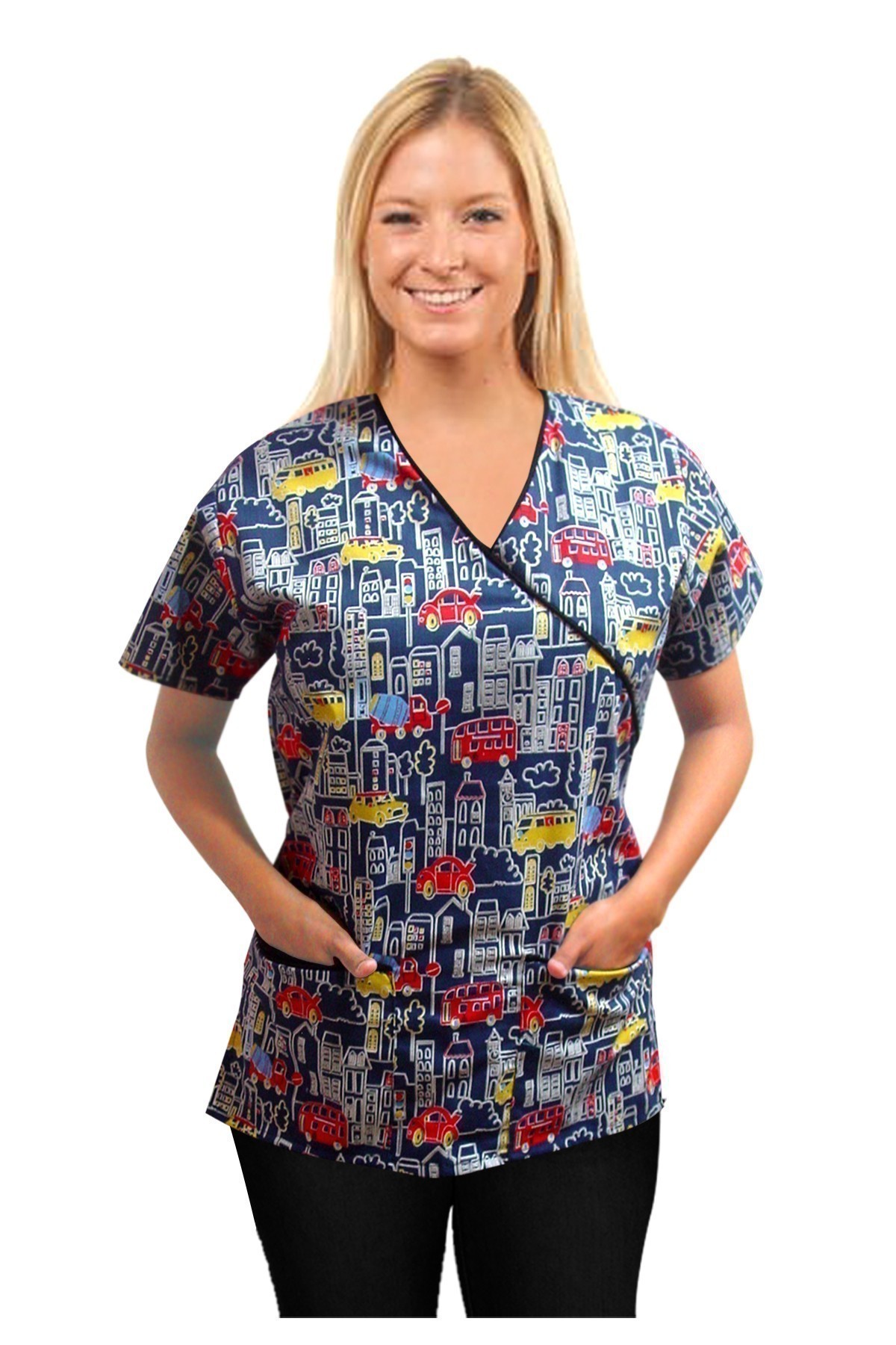 Printed scrub set mock wrap 5 pocket half sleeve in Building and bus Print with black piping  (top 3 pocket with  bottom 2 pocket boot cut)