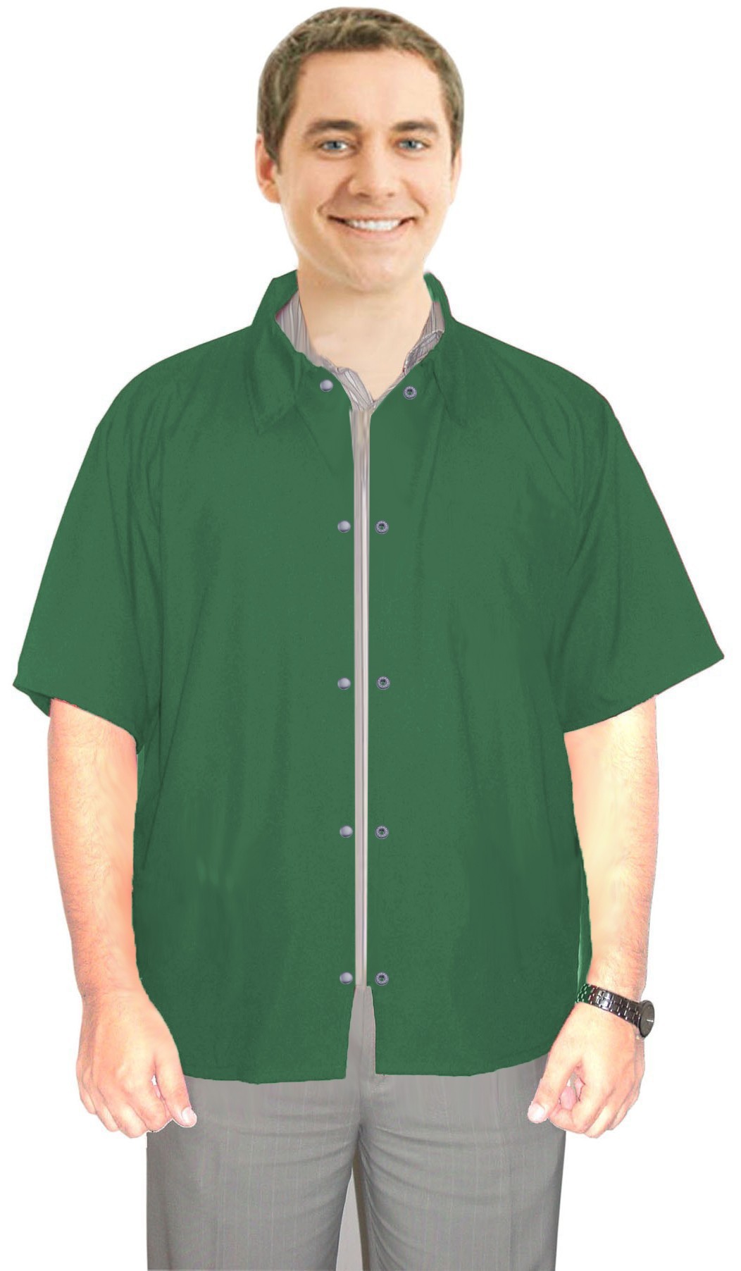 Poplin Barber jacket with collar without pockets unisex half sleeve with snap buttons 65% polyester, 35% cotton fabric.