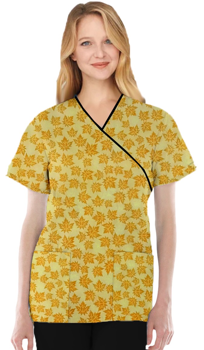 Yellow Petal Print Scrub Set Mock Wrap With Black Piping 5 Pocket Half Sleeves (Top 3 Pockets With Bottom 2 Pockets Boot cut)