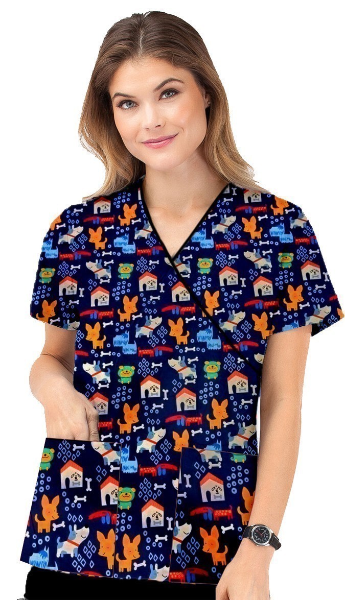 Dog Print Scrub Set Mock Wrap With Black Piping 5 Pocket Half Sleeves (Top 3 Pockets With Bottom 2 Pockets Boot cut)