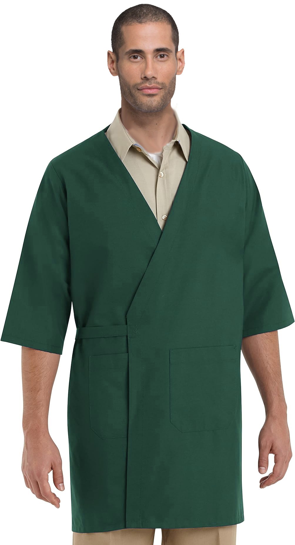 Poplin Unisex Collarless Butcher's Wrap with back tie able, two front pockets, knee length, 3/4 sleeves for Food Industry