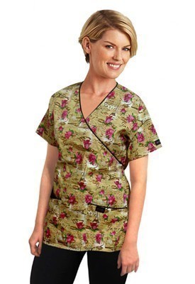 Printed scrub set mock wrap 5 pocket half sleeve in paris print with black piping (top 3 pocket with bottom 2 pocket boot cut)