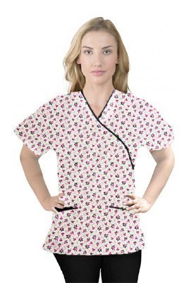 Printed scrub set mock wrap 5 pocket half sleeve in pink and black flower print with black piping (top 3 pocket with bottom 2 pocket boot cut)